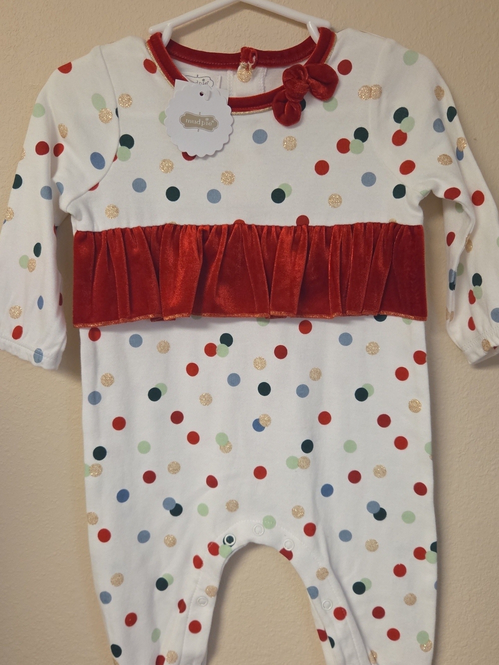 Mud Pie White Polka Dot Velvet-Ruffle One-Piece (Red, Gold, Green, Blue)